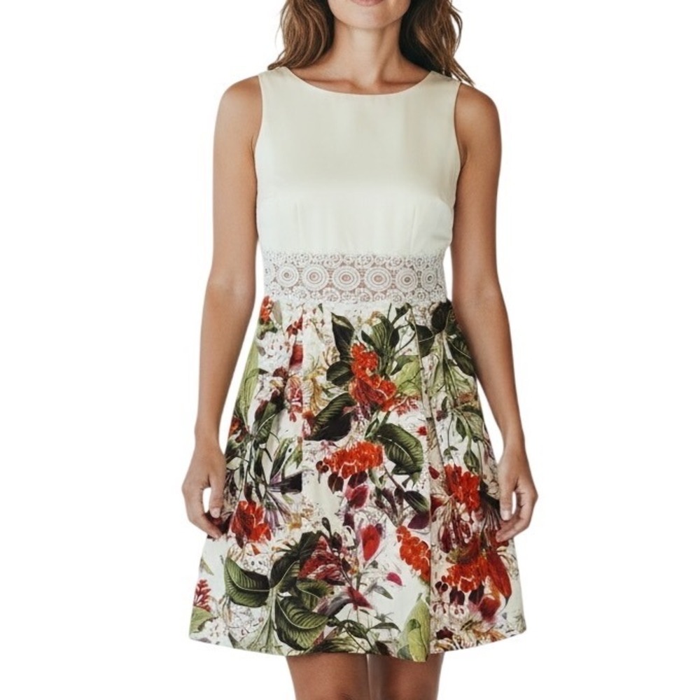 Dress Barn Sheath‎ Dress Sleeveless Floral Print Lace Waist Accent Fit Flare